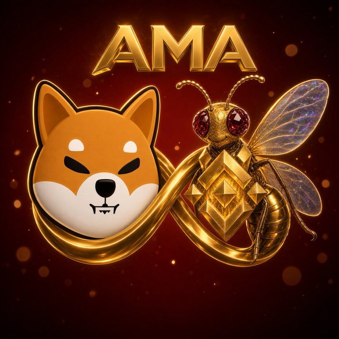 A digital graphic featuring 'AMA' text at the top, a golden Shiba Inu (Shib) dog head, and a golden bee with iridescent wings set against a dark red background.