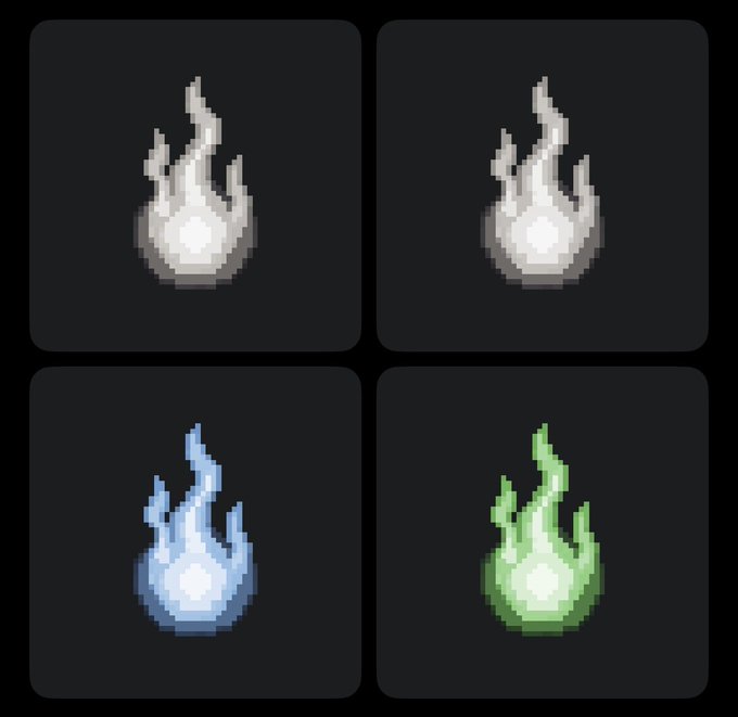 Four pixel art flame icons in a 2x2 grid on dark backgrounds, displaying variations in gray, white, blue, and green colors.