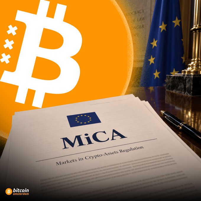 Image showing a document titled 'MiCA Markets in Crypto-Assets Regulation' with the EU flag, alongside a large Bitcoin logo, an EU flag, and a gavel, branded with 'bitcoin amsterdam' at the bottom.