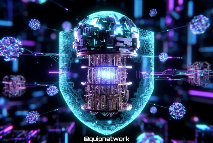 The image features a futuristic scene with a large shield-like structure at its center, surrounded by numerous small particles or "particles" that are glowing blue neon colors. The shield appears to be made of glass, giving it an ethereal appearance. The background is dark and filled with various shades of purple and pink, creating a sense of depth and complexity.

The image also contains text elements such as the words "@quipnetwork" and "@quipnetworkis pioneering the world's first decentralized quantum computing network". These texts provide context to the image and highlight its significance in the field of technology and innovation.