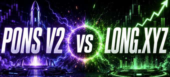A vibrant promotional banner displaying 'PONS V2 VS LONG.XYZ' with dramatic purple and green energy effects, a rocket on the left, and a rising green chart arrow on the right.