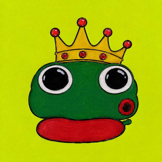 A green frog character wearing a golden crown with red jewels, resembling the BlobPepe mascot, sits on a red base against a bright yellow background. The crowned frog illustration visually represents the @BlobPepeRH account mentioned in the giveaway post offering 27x GTD spots.