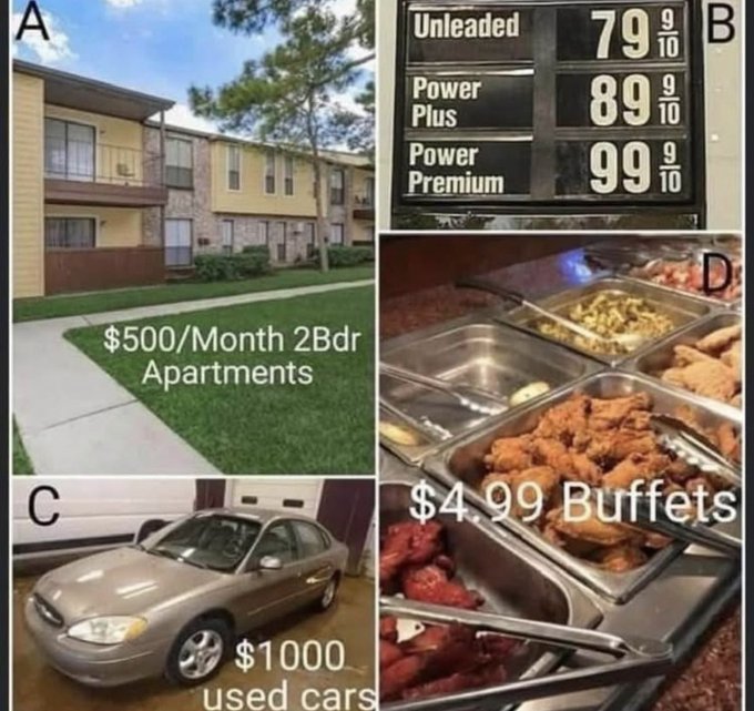 A nostalgic collage showcasing affordable 1990s-era staples: "$500/Month 2Bdr Apartments" (A), gas priced at "79 9/10" to "99 9/10" per gallon (B), "$1000 used cars" (C), and "$4.99 Buffets" (D)—highlighting the stark rise in everyday costs that Gen Z never experienced firsthand.