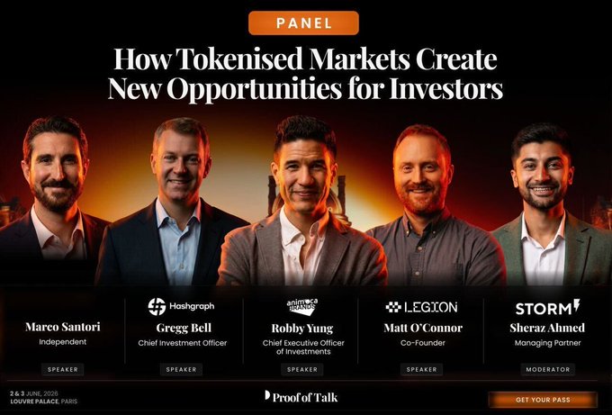 The image features a group of five men standing next to each other against a black background, with their smiles suggesting they are happy or enjoying themselves. The text at the bottom of the image reads "How tokenised markets create new opportunities for investors".
