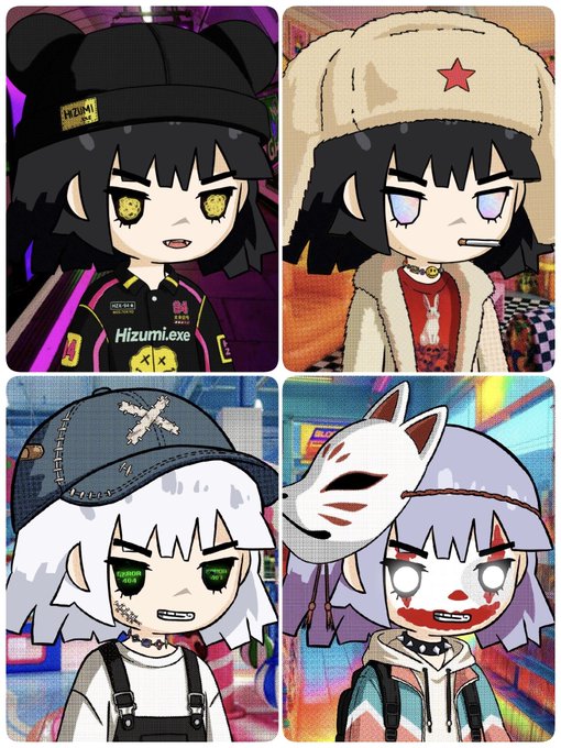 A four-panel illustration featuring anime-style chibi characters, with one wearing a cap labeled "Hizumi.exe" and another in a ushanka with a red star.
