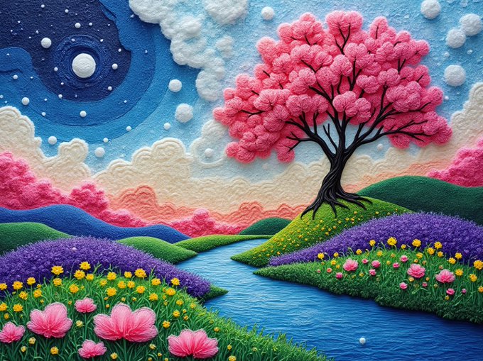 A vibrant, textured artwork depicting a whimsical landscape with a pink-blossomed tree, rolling hills of flowers, a winding blue river, and a crescent moon in a starry night sky.