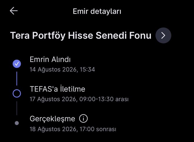 A screenshot of Midas app's order details screen showing a "Tera Portföy Hisse Senedi Fonu" purchase with a three-stage timeline: order received on August 14, 2026 at 15:34, TEFAS transfer scheduled for August 17, 2026 (09:00-13:30), and execution expected after 17:00 on August 18, 2026. This visually supports the post's explanation that fund purchases don't transfer immediately, with the weekend further delaying the execution process.