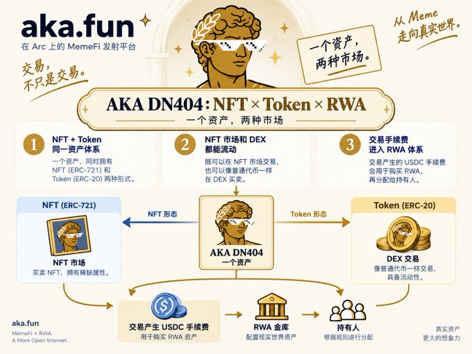 Infographic for aka.fun titled "AKA DN404: NFT × Token × RWA" explaining how a single asset exists as both NFT (ERC-721) and Token (ERC-20), with trading fees in USDC entering an RWA system.