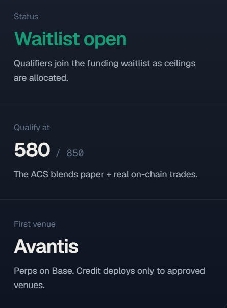 Dark-themed mobile app interface showing a 'Waitlist open' status in green, with a qualification score of 580/850 and the 'First venue' listed as 'Avantis'.