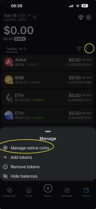 The image shows a crypto wallet interface (Test 18, EVM) displaying token balances for AVAX, BNB, and ETH, with a "Manage" menu open at the bottom highlighting the "Manage native coins" option. This illustrates the step in the tutorial where users select "Manage Native Coins" to customize which chains are displayed for their account in All Chains mode.