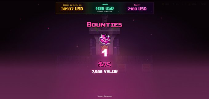 A video game rewards screen titled 'Bounties' displaying stats including '38937 USD' and a reward of '7,588 VALOR' valued at '$75'.