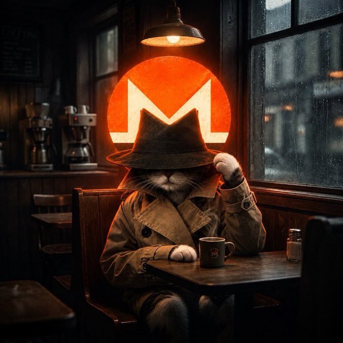 A cat dressed in a detective's trench coat and fedora sits at a café table with a coffee mug, illuminated by a glowing red Monero (XMR) logo sign in the background.