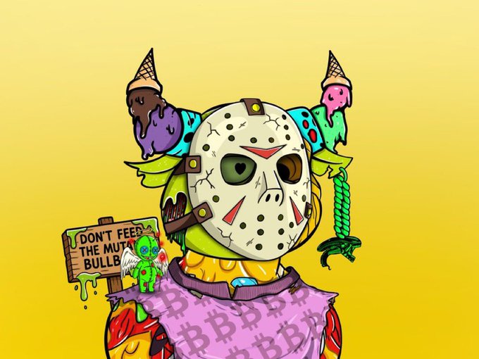 A cartoon character wearing a Jason Voorhees hockey mask with melting ice cream cones and dollar signs (Bitcoin symbols) decorating the head, wearing a bib covered in Bitcoin logos, with a small sign reading 'DON'T FEED THE MUT BULLB'.