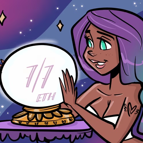 A cartoon illustration of a purple-haired fortune teller gazing into a crystal ball that displays '7/7 ETH' against a starry purple background.