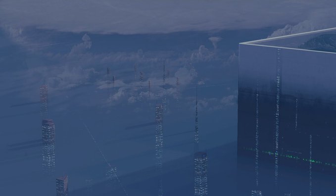 A surreal digital artwork depicting a futuristic cityscape with skyscrapers partially submerged or reflected in water, with a large dark glass building on the right and clouds covering the upper portion.