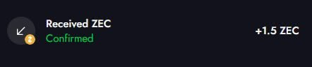A small screenshot of a cryptocurrency transaction notification showing 'Received ZEC +1.5 ZEC' marked as Confirmed.