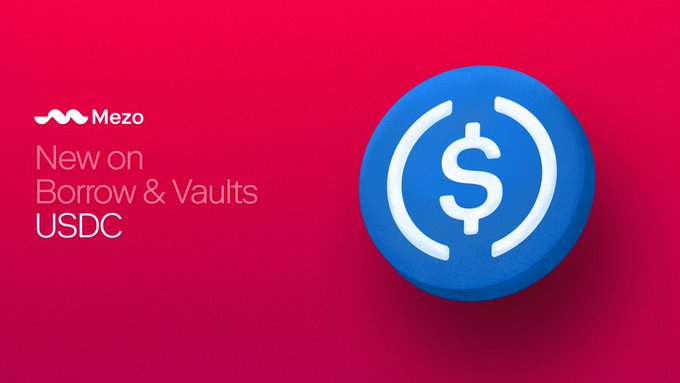 The image features the Mezo logo alongside text announcing "New on Borrow & Vaults: USDC," accompanied by a prominent blue USDC coin graphic with a dollar sign, visually promoting the new feature that allows users to borrow against Bitcoin and receive mUSDC at 86% LTV through the new Mezo USDC Vault.
