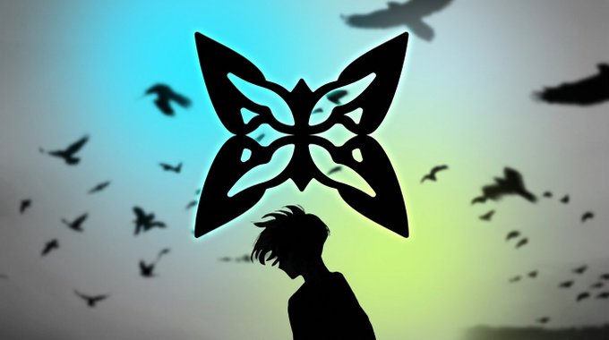 A stylized silhouette of a person looking up at a large butterfly-shaped logo, with birds flying in the background against a gradient sky.