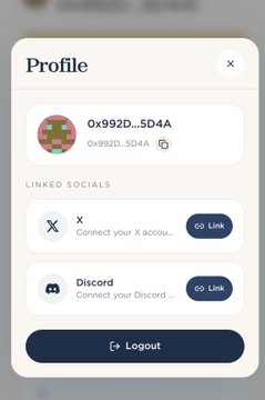 A user profile modal showing wallet address '0x992D...5D4A' with options to connect or link X and Discord accounts, plus a logout button.