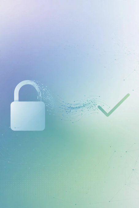 A minimalist digital illustration of a white padlock icon transitioning via flowing digital particles into a green checkmark on a soft purple-to-green gradient background.