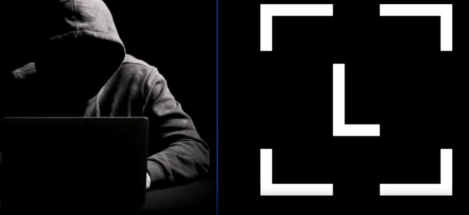 A split image showing a hooded figure typing on a laptop in the dark on the left, and a white focus/crop brackets icon on a black background on the right.