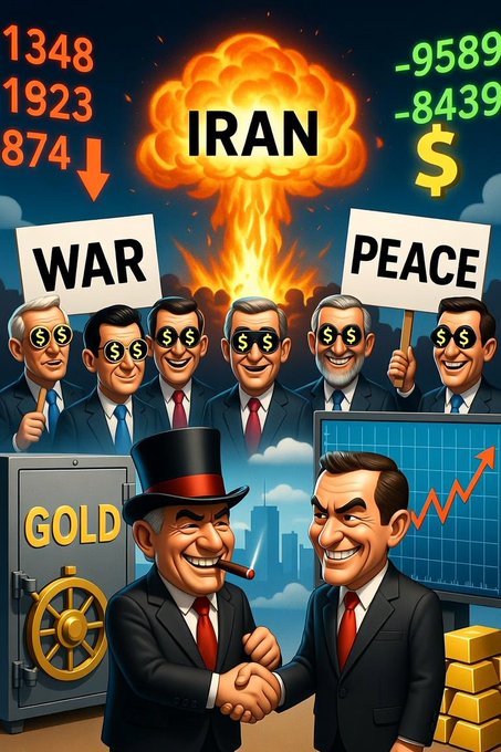 A satirical cartoon depicting figures with dollar-sign sunglasses at a 'WAR' vs 'PEACE' protest regarding 'IRAN', with businessmen shaking hands over a gold vault and rising stock chart, accompanied by negative financial numbers.
