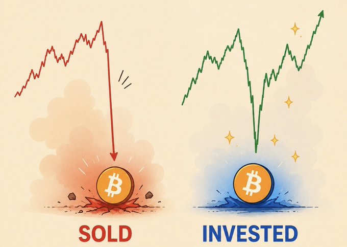 A comparison illustration contrasts two Bitcoin scenarios: on the left, a red downward chart leads to a 'SOLD' Bitcoin crashing into the ground in a dust cloud; on the right, a green volatile chart leads to an 'INVESTED' Bitcoin rising with a sparkling upward arrow.