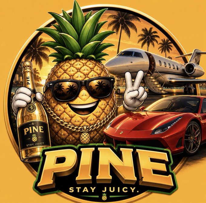 A cartoon pineapple wearing sunglasses and a gold chain flashes a peace sign while holding a bottle of "PINE" champagne, posed in front of a private jet and red sports car—visually embodying the "Stay Juicy" luxury lifestyle branding of the new Pine memecoin on Solana.