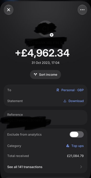 A dark-themed banking app screenshot shows a transaction of +£4,962.34 from Citibank dated 31 Oct 2023, categorized under 'Top ups' with a total received of £21,084.79.