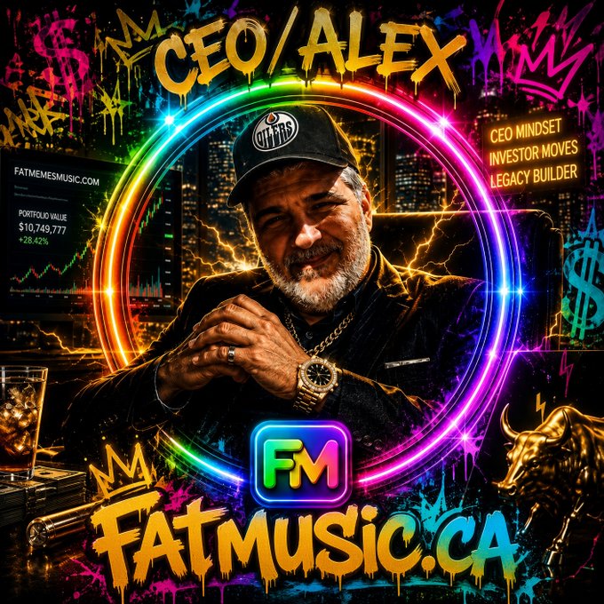 A vibrant promotional graphic for FatMusic.ca featuring 'CEO/ALEX' with a man in a black cap surrounded by neon circular design, showing 'PORTFOLIO VALUE $10,749,777 +28.42%' and 'CEO MINDSET, INVESTOR MOVES, LEGACY BUILDER' text.