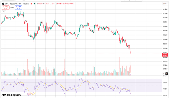 A TradingView candlestick chart of XRP/TetherUS on Binance shows the price dropping to around $1.0163, down approximately 6.49%, supporting the poster's frustration about XRP's decline toward $1, with visible volume bars and an RSI indicator below.