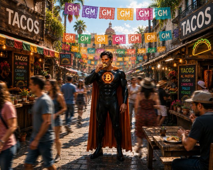 A caped superhero with a Bitcoin logo on his chest eats a taco on a bustling "TACOS" street lined with papel picado banners repeating "GM," visually capturing the post's "gm legends happy taco tuesday" message by blending crypto culture, morning motivation, and a fun weekday celebration.