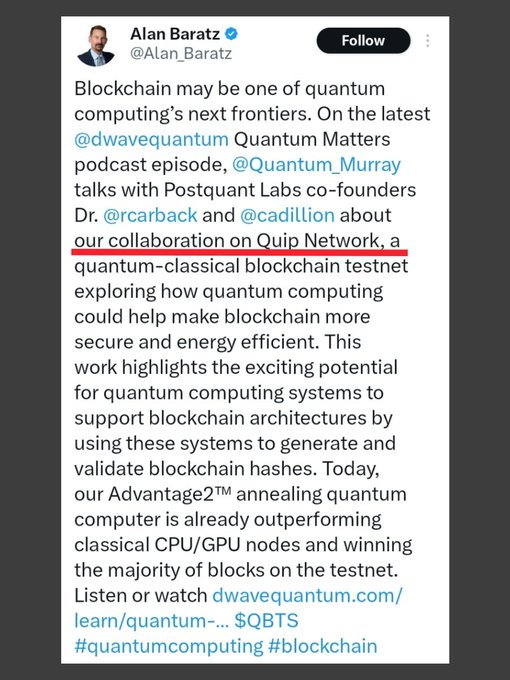A tweet from Alan Baratz (@Alan_Baratz) discussing D-Wave's quantum computing collaboration with Postquantum Labs on 'Quip Network, a quantum-classical blockchain testnet' (underlined in red), tagged with $QBTS, #quantumcomputing, and #blockchain.
