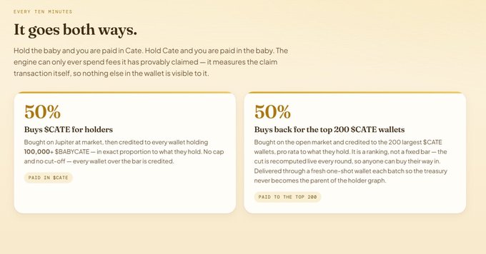 A webpage section titled "It goes both ways" explains a fee mechanism where "50%" buys $CATE for holders and "50%" buys back for the top 200 $CATE wallets, occurring "EVERY TEN MINUTES".