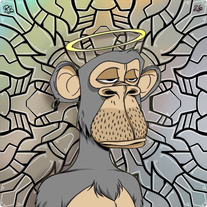 A cartoon-style NFT illustration of a serious-looking grey gorilla-like character with a halo above its head, set against a geometric stained-glass background, signed '26' in the top right.