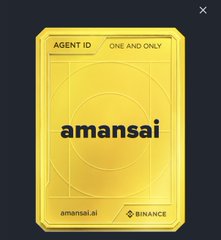 A gold digital collectible card labeled "AGENT ID," "ONE AND ONLY," and "amansai," with "BINANCE" and "amansai.ai" along the bottom.