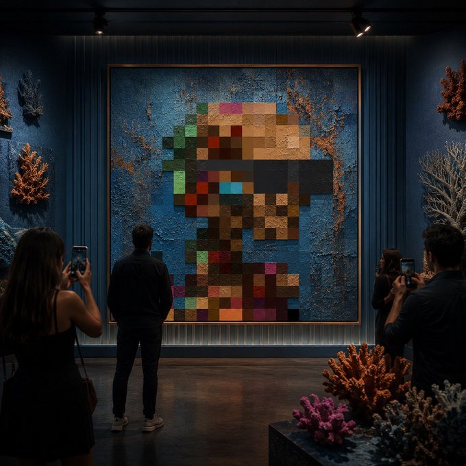 People observe a large pixelated portrait painting in a dimly lit gallery, with some taking photos on their phones.