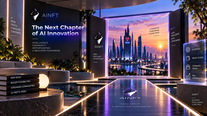 Futuristic event booth for 'AINFT - The Next Chapter of AI Innovation' with neon lighting, city skyline backdrop, and pillars highlighting AI Services, Wallet Access, Community Driven, and Real Opportunities.
