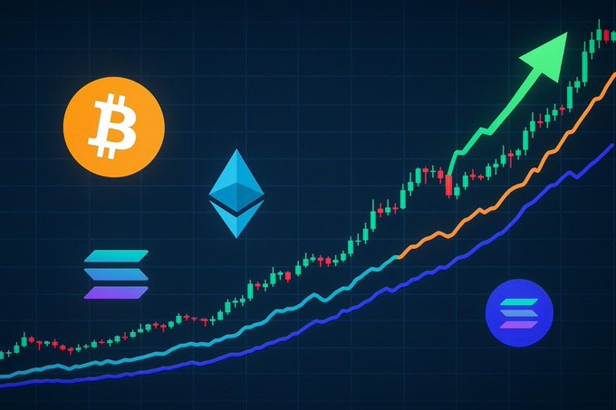 A vibrant cryptocurrency graphic displays Bitcoin and Ethereum logos alongside Solana and other crypto symbols, set against a dark background with an ascending green arrow and price chart.