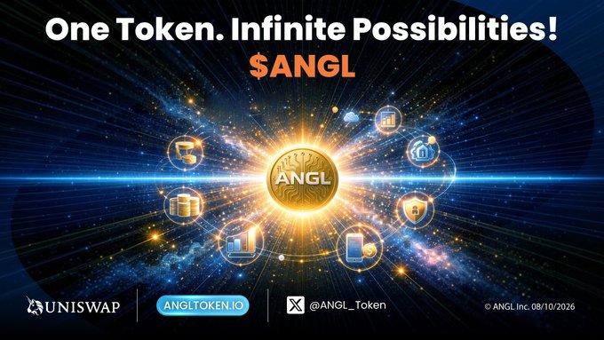 A promotional graphic displays a glowing gold 'ANGL' coin at the center surrounded by crypto-related icons, with the text 'One Token. Infinite Possibilities! $ANGL', 'UNISWAP', 'anglTOKEN.io', and '@ANGL_Token'.