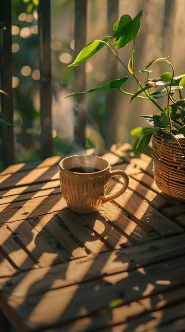 A steaming ceramic coffee mug sits on a sunlit wooden slatted table beside a wicker basket with a green trailing plant.