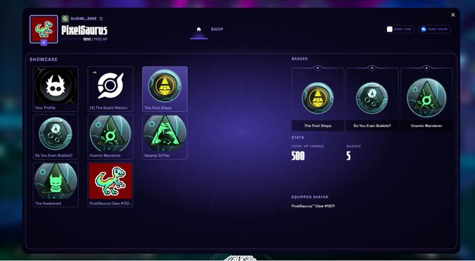 A digital badge collection interface for 'PixelSaurus' showing showcase badges including 'The First Steps,' 'Do You Even Bubbles?', and 'Cosmic Wanderer,' with 500 total XP points.