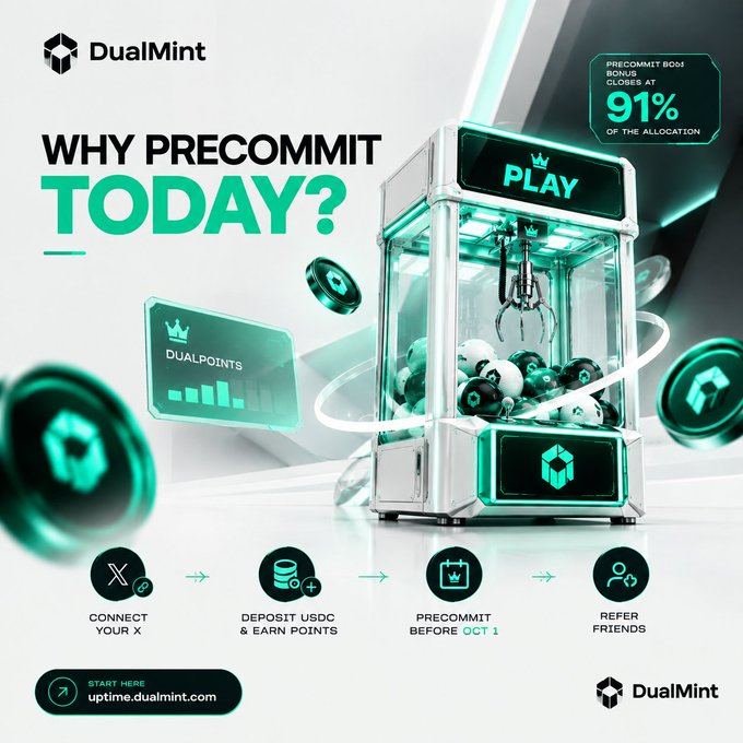 An advertisement for DualMint showing a claw machine filled with balls, with the text 'WHY PRECOMMIT TODAY?' and '91% OF THE ALLOCATION', along with steps to connect X, deposit USDC, precommit, and refer friends.