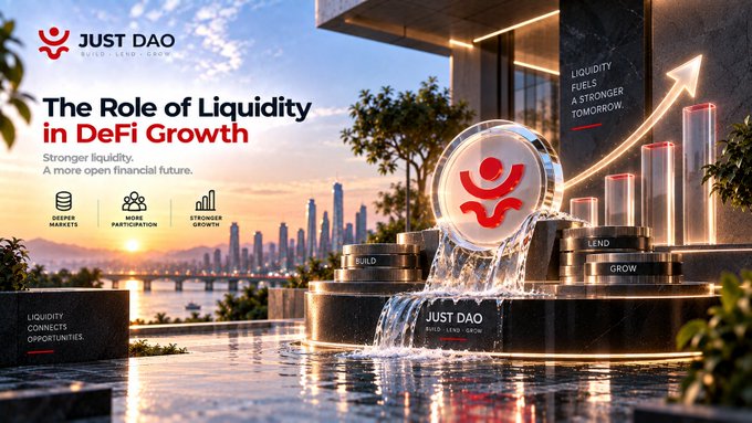 A promotional graphic for 'JUST DAO' titled 'The Role of Liquidity in DeFi Growth', featuring a 3D render of coins flowing into a fountain labeled 'JUST DAO' with a red logo, set against a city skyline at sunset.
