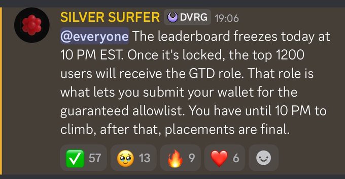 A Discord message from user SILVER SURFER (DVRQ) posted at 19:06 announcing that the leaderboard freezes today at 10 PM EST, with the top 1200 users receiving the GTD role for the guaranteed allowlist.