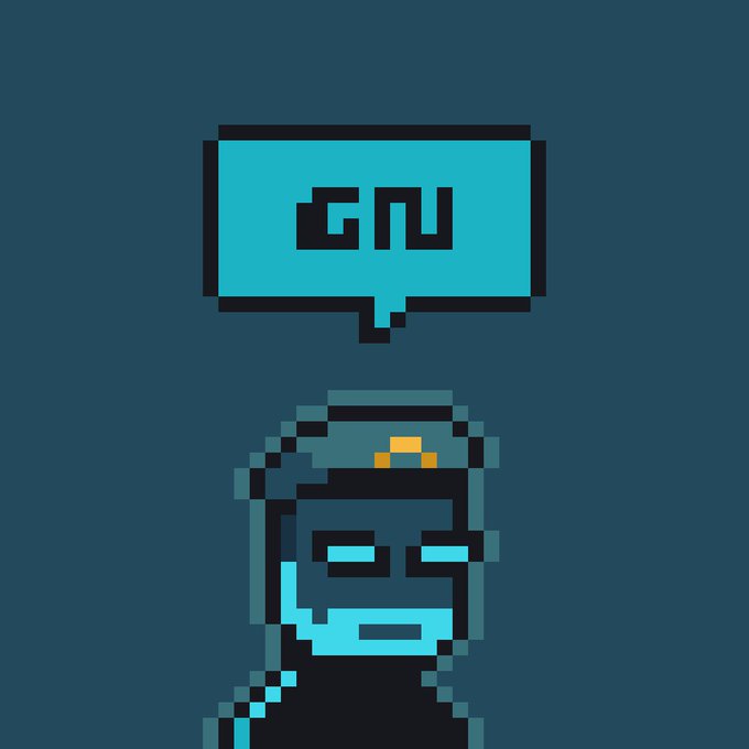 A pixel art style image showing a blue-skinned character with a speech bubble containing the text 'GNU'.