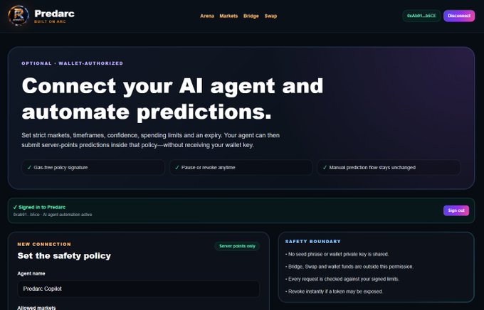 A screenshot of a webpage for 'Predarc Built on Arc' displays a dashboard titled 'Connect your AI agent and automate predictions' with options for safety policies and wallet authorization.