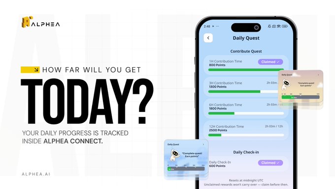 A promotional graphic for ALPHA A.I. featuring the text 'HOW FAR WILL YOU GET TODAY? YOUR DAILY PROGRESS IS TRACKED INSIDE ALPHEA CONNECT.' alongside a smartphone displaying a Daily Quest interface with contribution points and check-ins.