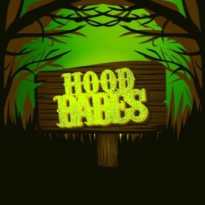A dark, ominous cartoon illustration features a wooden sign reading "HOOD BABES" in glowing yellow lettering, surrounded by silhouetted spooky trees against a vibrant green background. The eerie forest scene visually matches the mysterious and untitled nature of the Hoodbabes NFT project teased in the post.