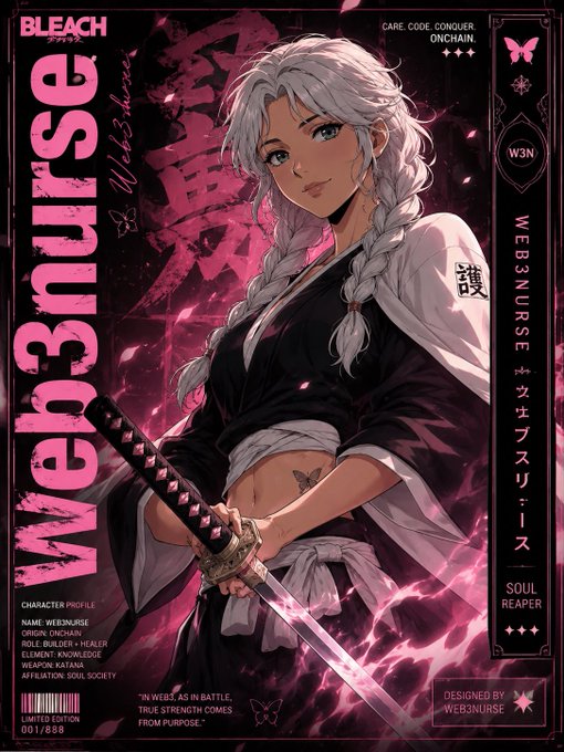 A promotional poster for "Web3Nurse" features an anime-style character with silver braided hair holding a katana, set against a pink and black background with text including "BLEACH," "W3N," "WEB3NURSE," "SOUL REAPER," and "001/888." The image appears unrelated to the post, which lists NFT mint details for "Mortis" and "CamryHood" collections on the Robinhood chain.